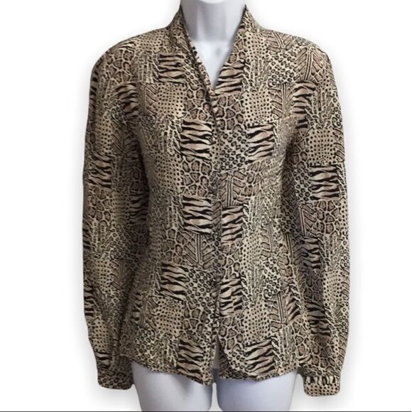 Vintage 90s Jacqueline Ferrar Silk Button Down Checkered Animal Print Size 10 - Picture 1 of 13